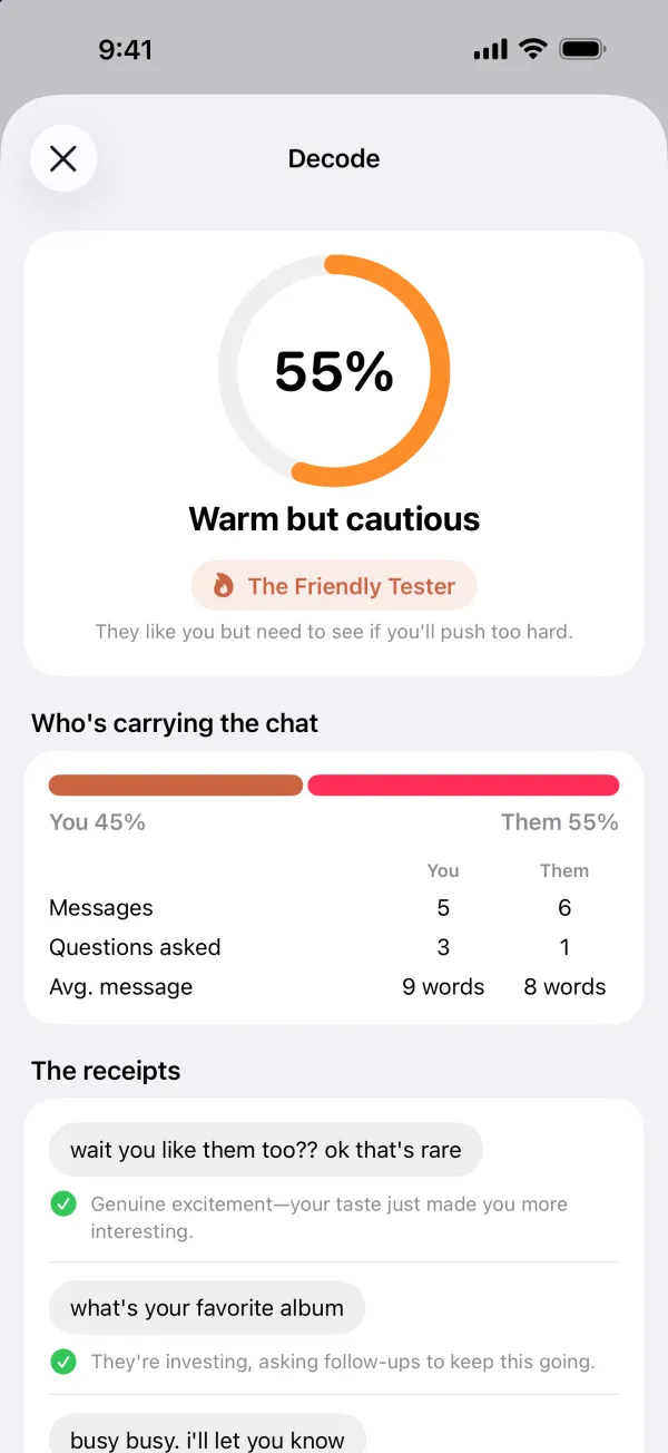 AskCupid Decode result showing how interested someone is and who is carrying the chat