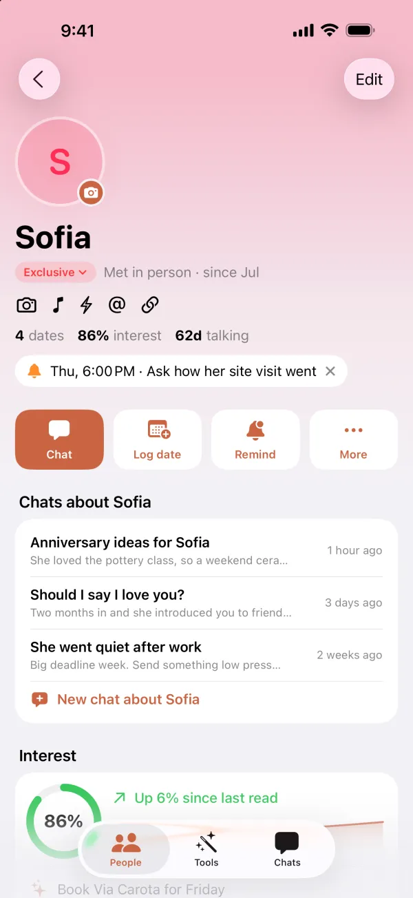 An AskCupid People profile with interest, reminders and chats about that person
